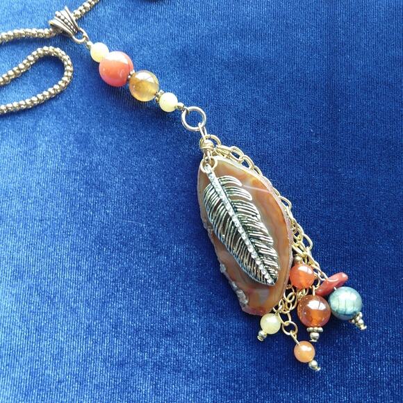 Natural Orange Agate Slice and Gold Feather Necklace strength courage protection - Picture 1 of 10